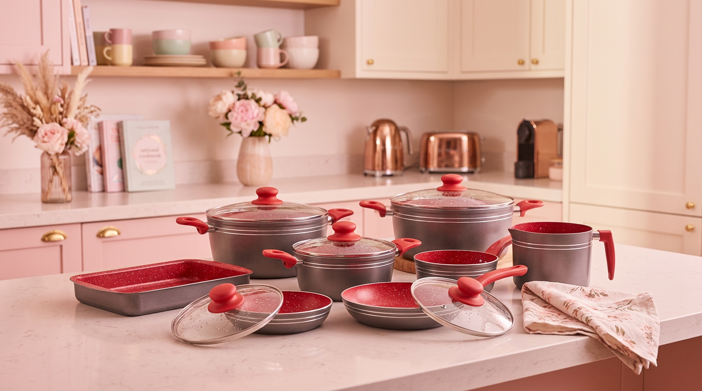 Panelas Redsilver vermelhas e prateadas em cozinha moderna iluminada